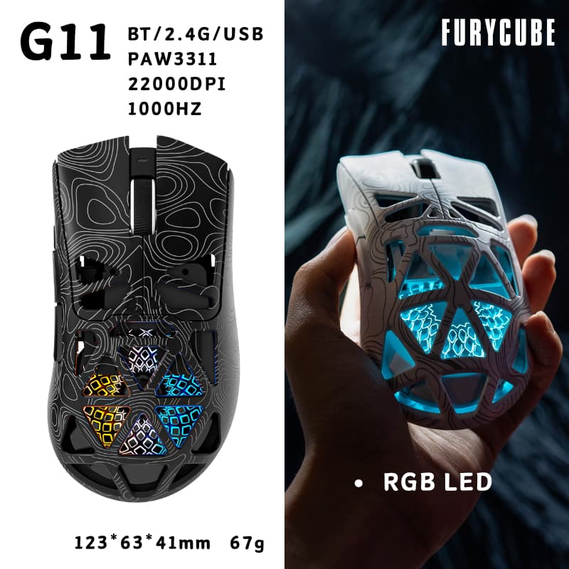 FURYCUBE G11 Mouse Gamer Sem Fio Tri-modo 2.4G/BT PAW3311 22000DPI 1000HZ Ultraleve Recarregável 400mAh RGB