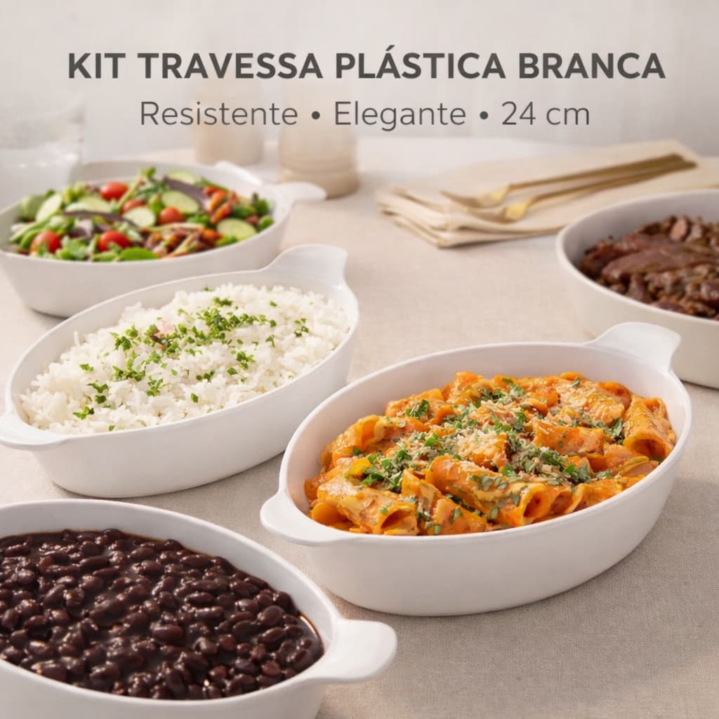 Kit c/ 5-10 Travessas Petisqueiras Plástico Branco Resistente 24cm-Servir comidas,churrasco,petiscos