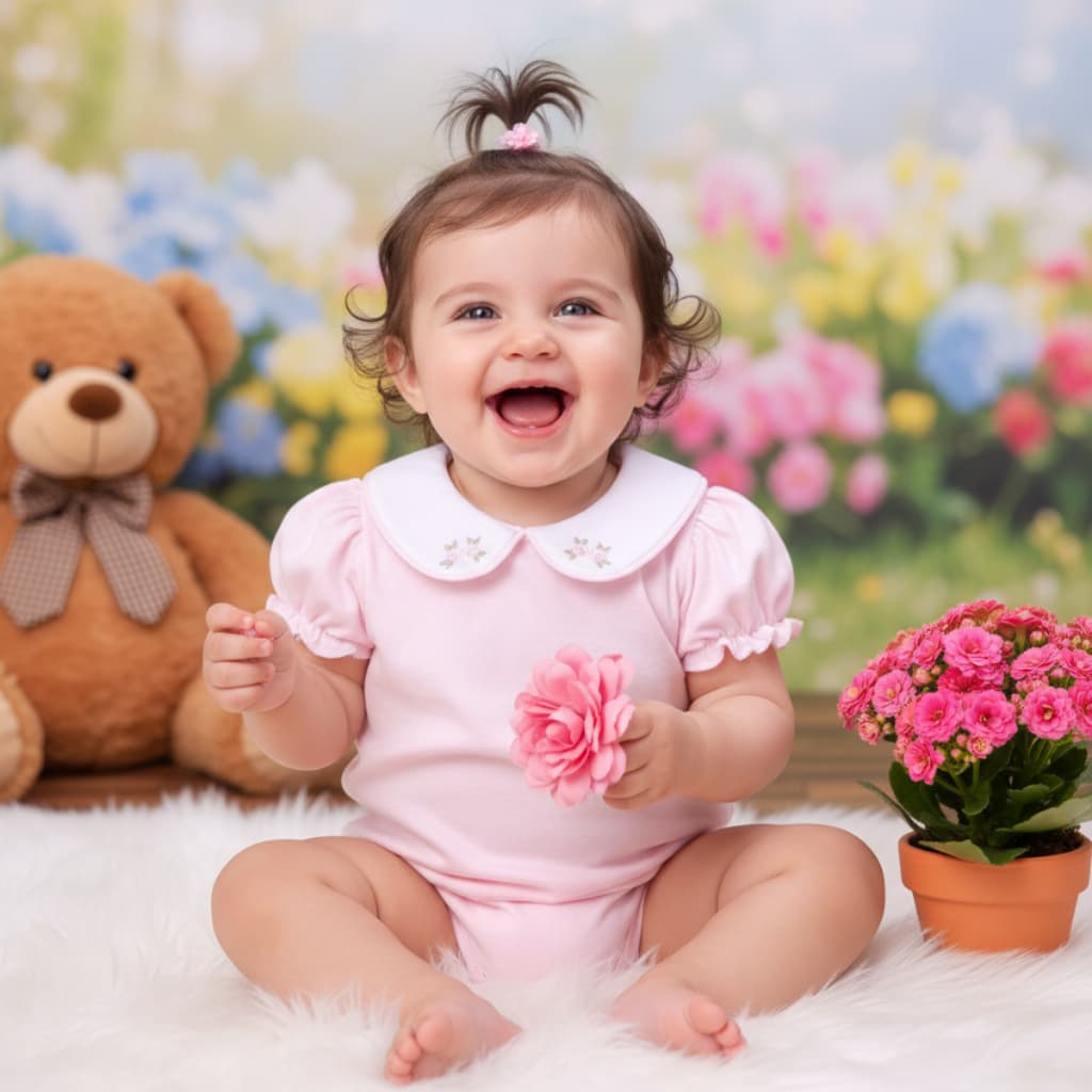 Body Bebê Menina Gola Bordada Flor Rococó 100% Algodão Manga Curta