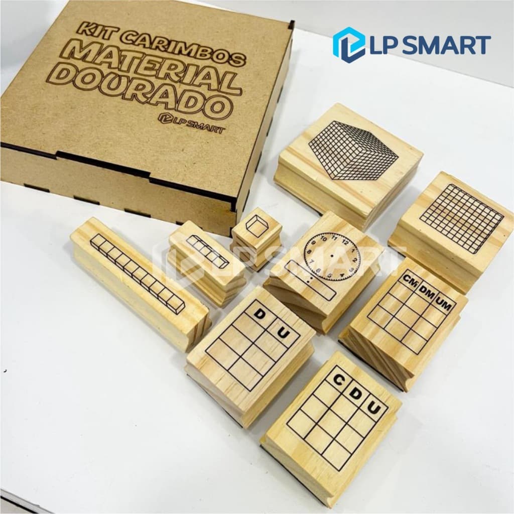 Kit 9 Carimbos Material Dourado + Caixa Mdf Ideal para Professores Estudantes Ensino Material Escola Estojo Escolar