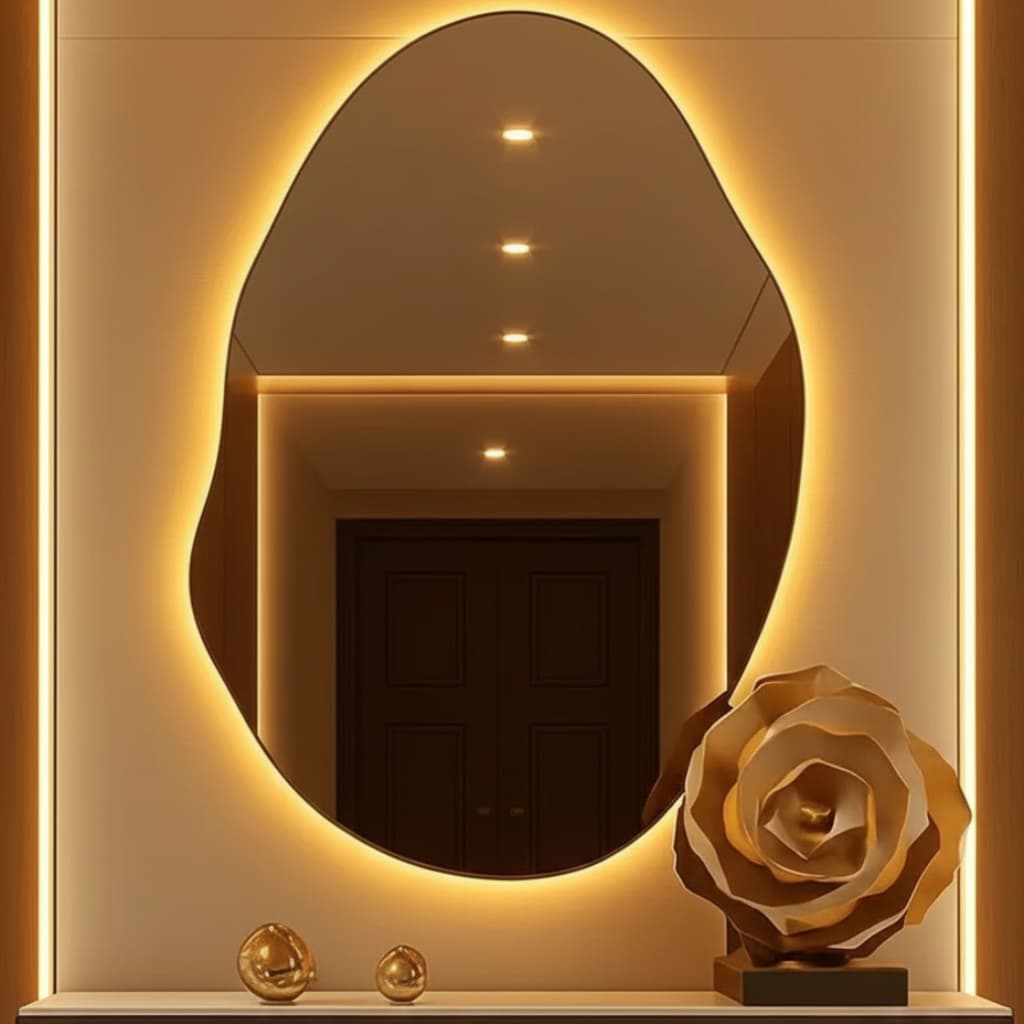 Espelho Decorativo orgânico grande Madri Luz Led Quente e Fria Parede Sala Quarto e Banheiro Lavabo