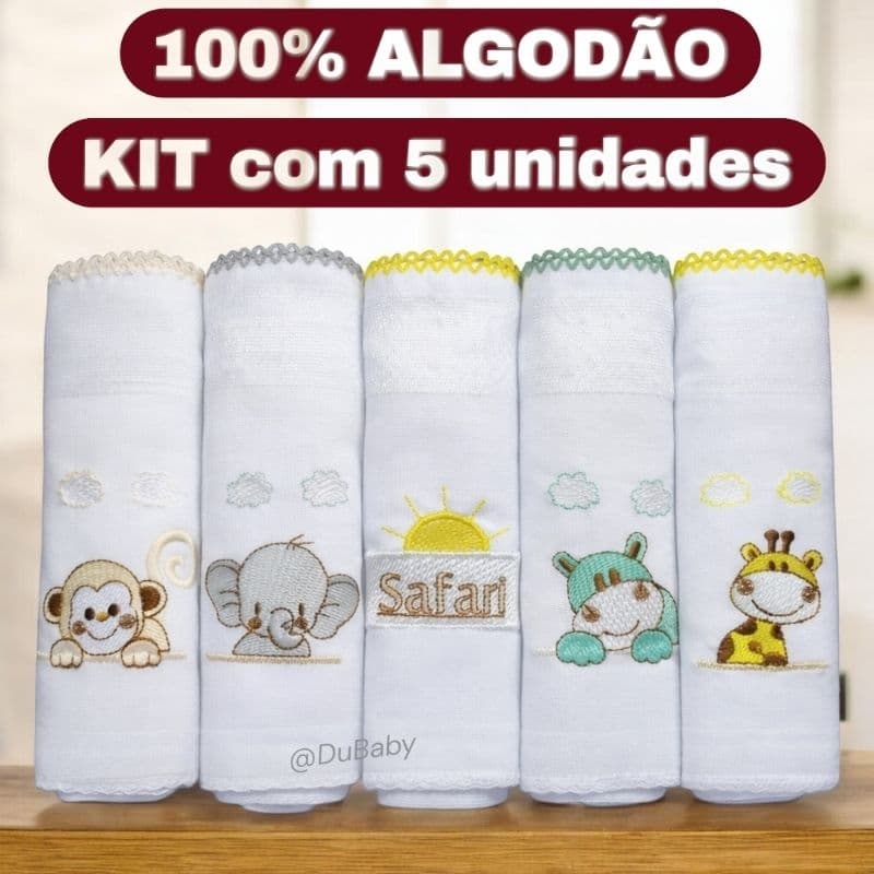 Safári kit 5 Fralda de Pano Bebê Bordada Safari 70x70cm Algodão Duplo