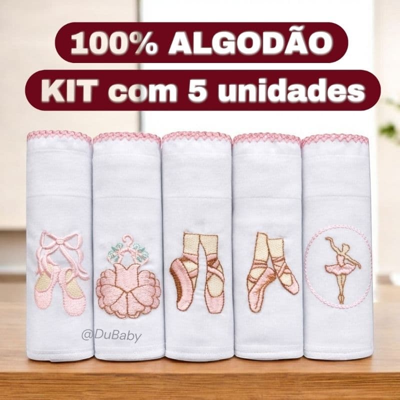 kit 5 Fralda de Pano Bebê Bordada 5un 70x70cm Algodão Duplo BAILARINA