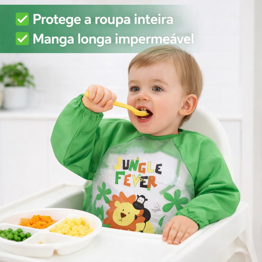 Babador de Plástico Avental para Alimentação Bebê Unissex Impermeável BLW Manga Longa