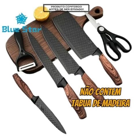 Conjunto Faca Inox 6 Peças Aço Carbono Cabo Reforçado  Descascador Tesoura Cutelo Carne Legumes