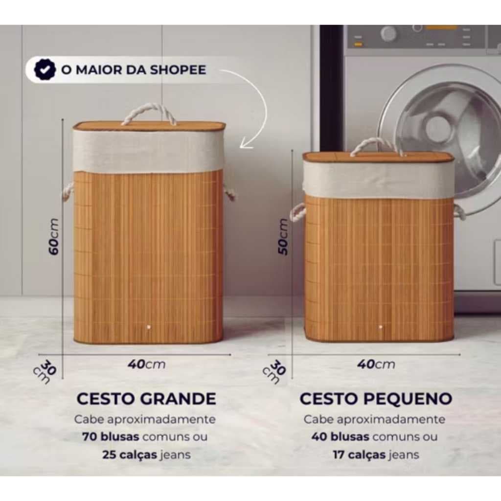 Cesto De Roupa Suja Bambu 73 Litros Lavanderia Com Tampa e Alças Forrado Organizador Banheiro