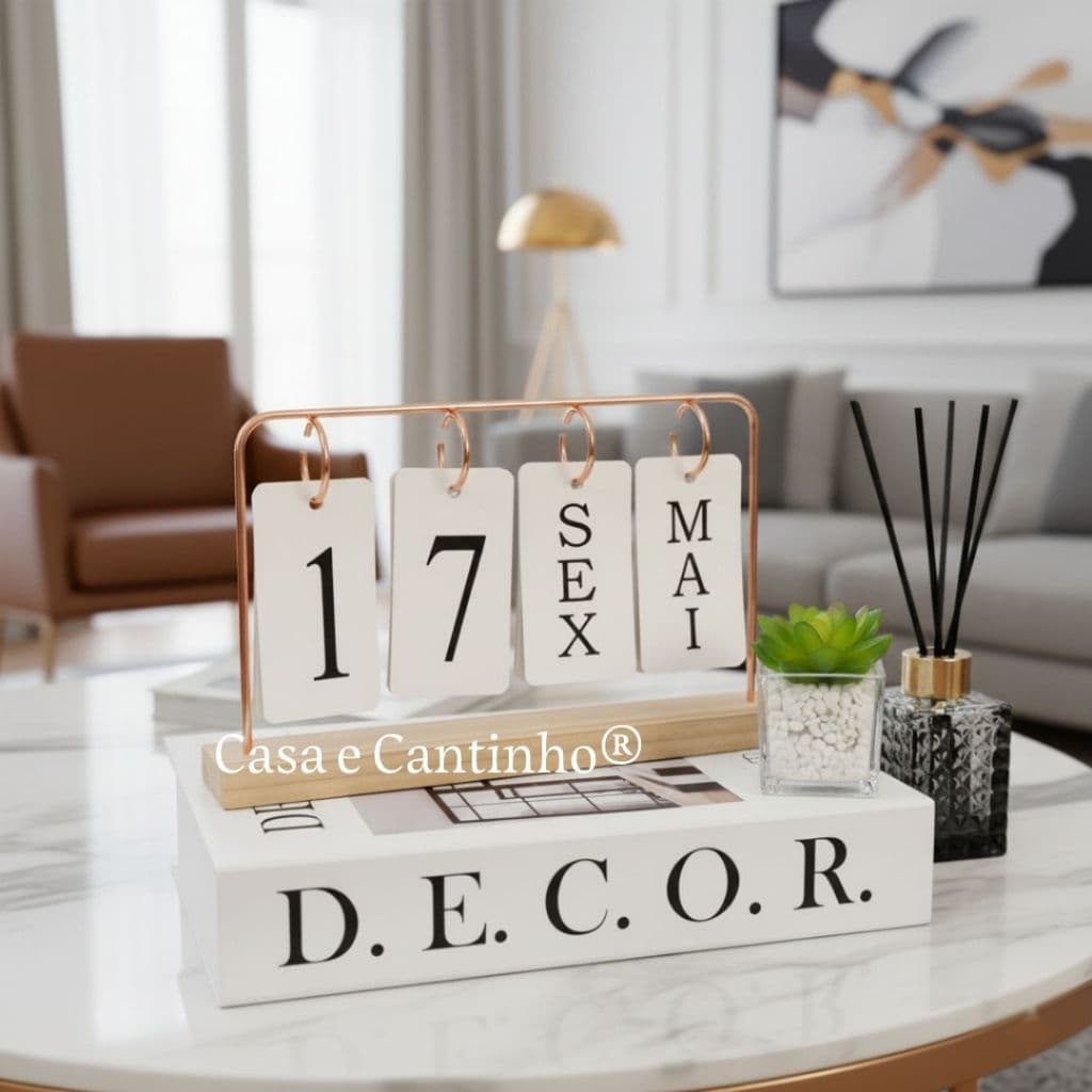 Calendário de Mesa Decorativo com Plaquinhas Dupla Face Preto/Rose/Dourado Permanente Escritório