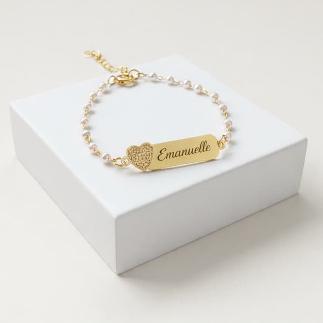 Pulseira Infantil de Pérola Personalizada com Gravação a Laser e Extensor