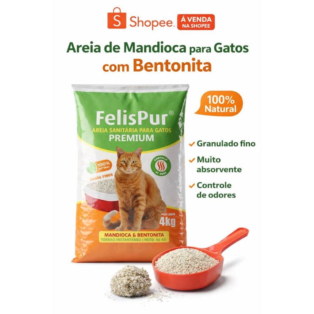 Areia Gato Higiênica Biodegradável Premium Mandioca + Bentonita 4kg S/ Odor Felispur