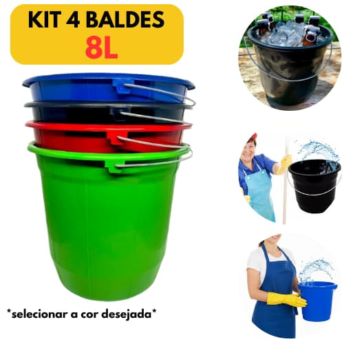 Kit 4 Baldes Multiuso 8 Litros Reforçado c/ Alça de Ferro Colorido