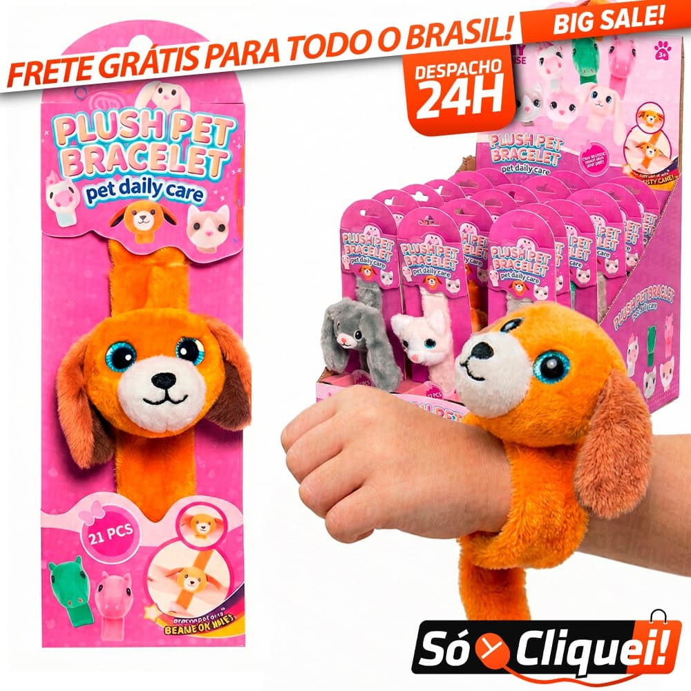 Pulseira Bracelete Bate Enrola de Pelúcia Plush Pet Pulseirinha Infantil Unicórnio Coelho Ursinho