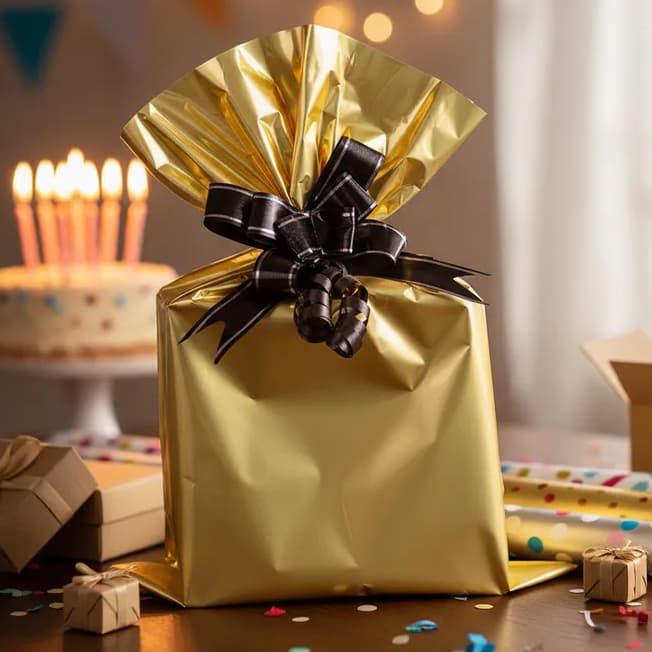 Kit 50 Sacos de Presente Metalizado + 50 Laços Mágico / Saquinho Surpresa Embrulho Festa