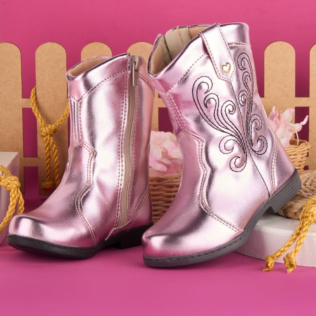 Bota Infantil Bebê Feminina Texana Menina Country Moda Cano Médio Detalhe Bordado Zíper na Lateral Confortável Boiadeira