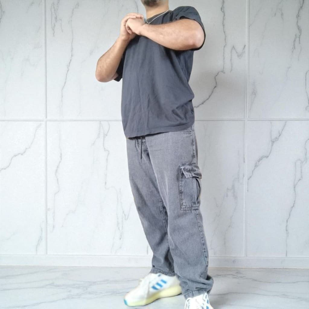 Cargo calça estonada marmorizada cinza Jeans azul ,skate, moda unisex Larga Streetweer