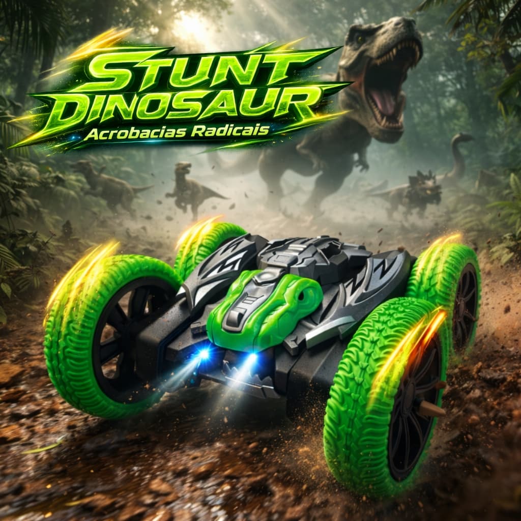 Carrinho Controle Remoto Dinossauro Stunt LED Recarregável Acrobático
