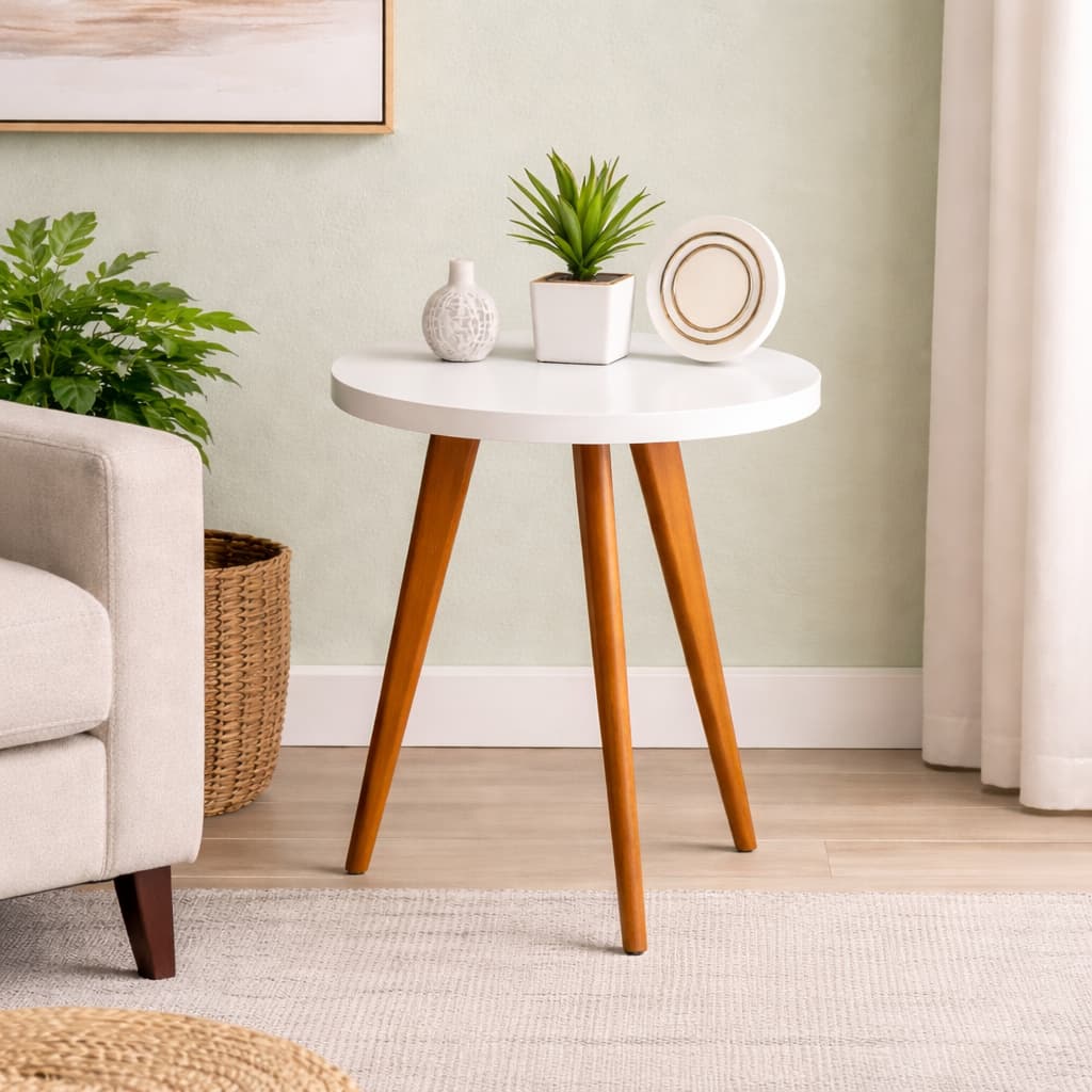 Mesas de Apoio Redonda  – Pé Palito em Madeira – Tampo Branco MDF