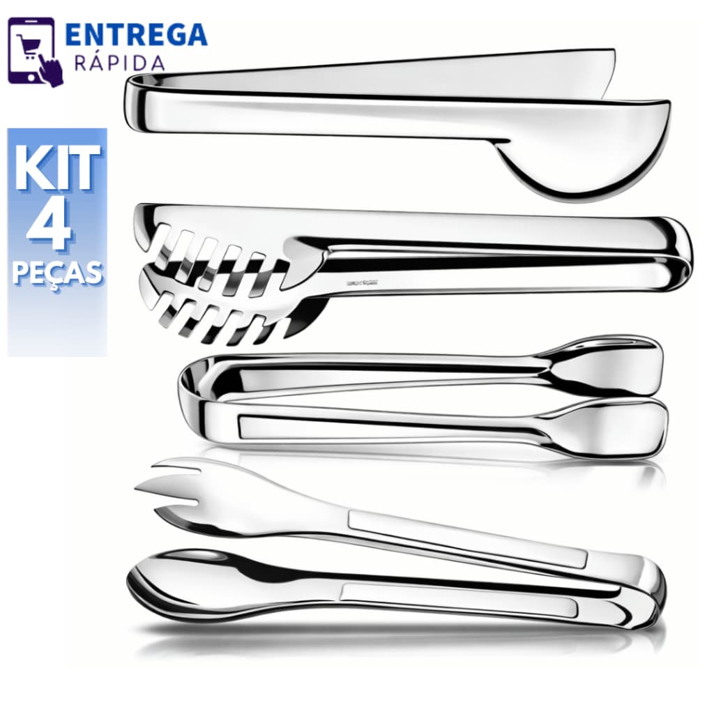 Kit 4 Utensílios para Cozinha Inox Pegador de Massa 20cm Universal 20cm Salada 20cm Gelo Frios