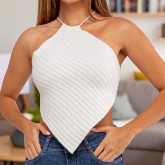 Top Cropped Lenço Feminino Tricot Modal Frente Única com Amarração nas Costas Tricô