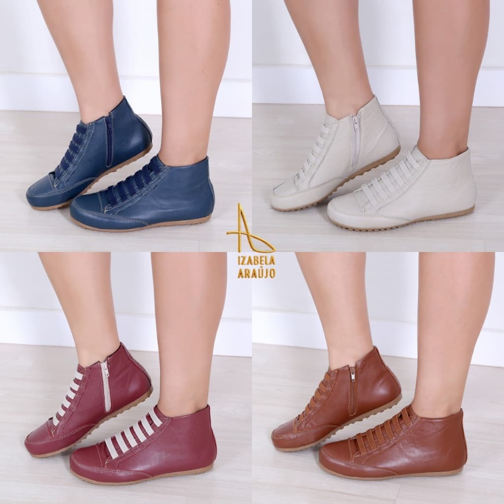 Botinha Feminina Cano Curto Em Couro Legítimo De Ajuste Elástico e Zíper Lateral Confortável Para o Seu Dia a Dia