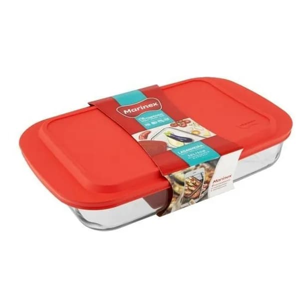Lasanheira Marinex Retangular de Vidro C/ Tampa Plastica Vermelha - 5Lts
