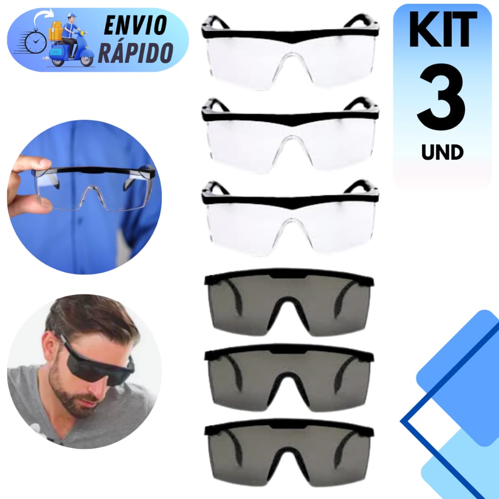 KIT 2 E 3 OCULOS DE PROTEÇÃO FUME E INCOLOR SEGURANÇA CONTRA RAIOS UVA E UVB PARA OBRA CONSTRUÇÃO
