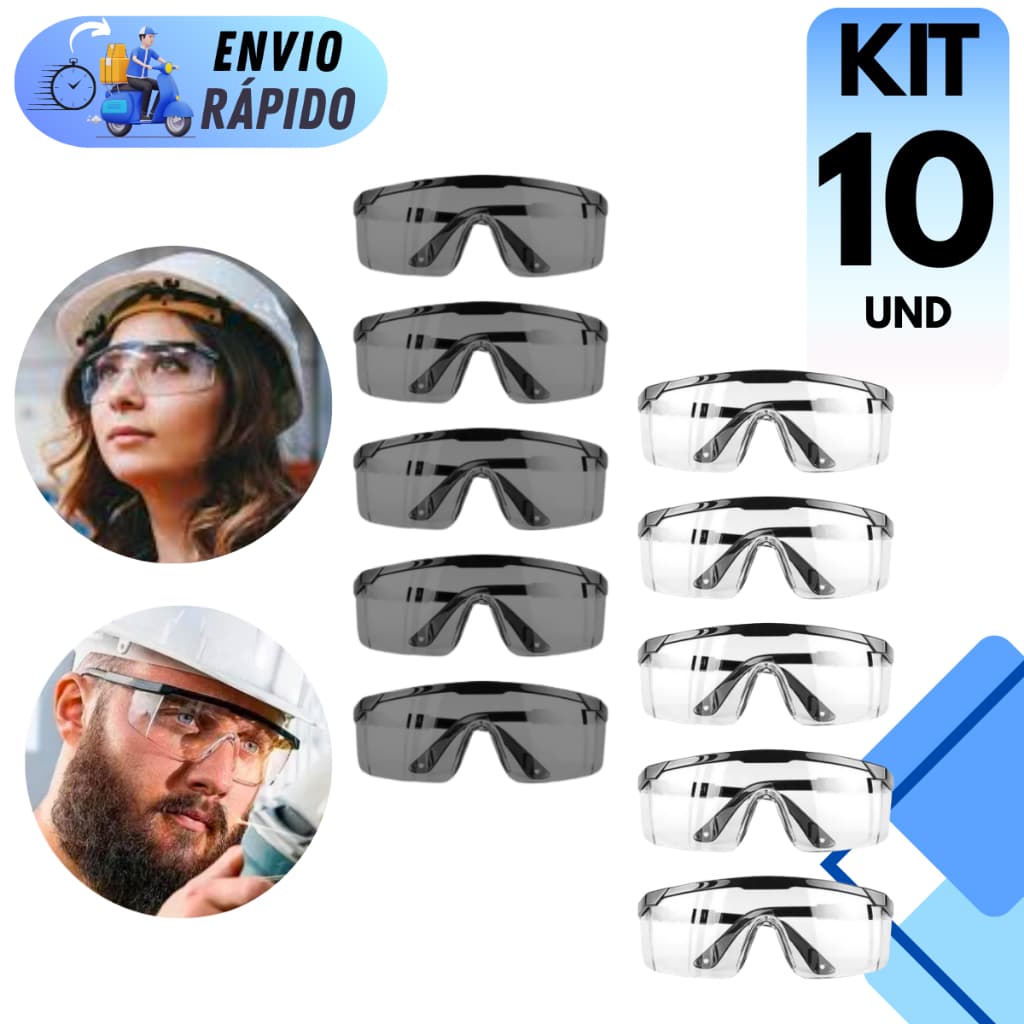 KIT 5 A 10 OCULOS DE SEGURANÇA FUME E INCOLOR PROTEÇÃO COM CA POLICARBONATO IDEAL PARA TRABALHO EPI