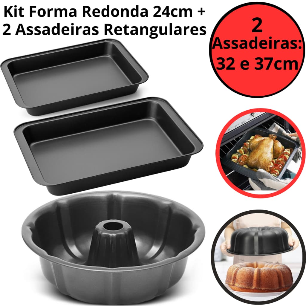 Kit 2 Formas Assadeira Antiaderente 32 e 37cm + Forma Bolo Furo Central 24cm De Aço Carbono Teflon
