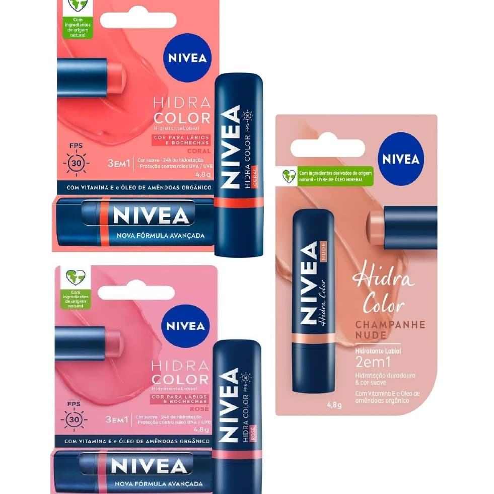 NIVEA Hidratante Labial Hidra Color FPS 30 4,8g 3 em 1 Hidratação 24h Cor Intensa Proteção Solar