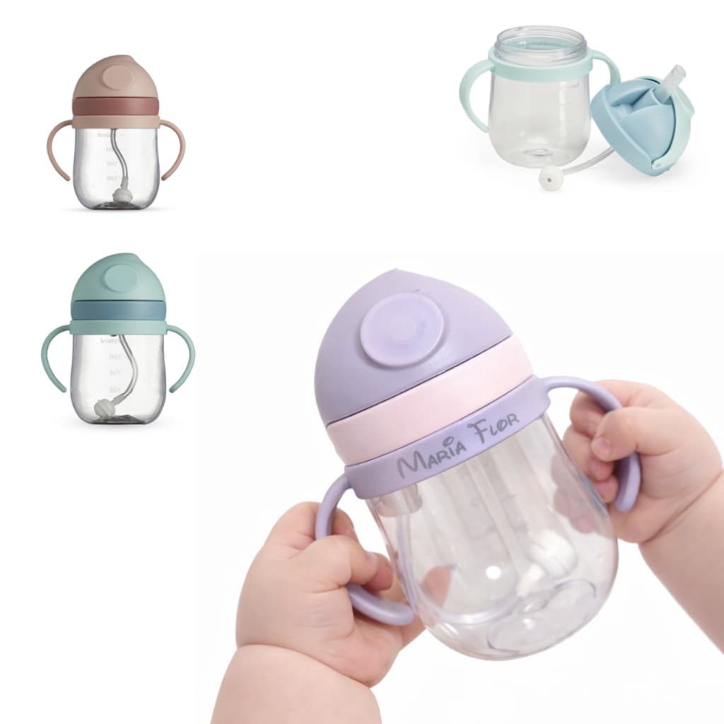 Copo de Transição personalizado Infantil 350 ml pegador duplo tampa de proteção canudo de silicone