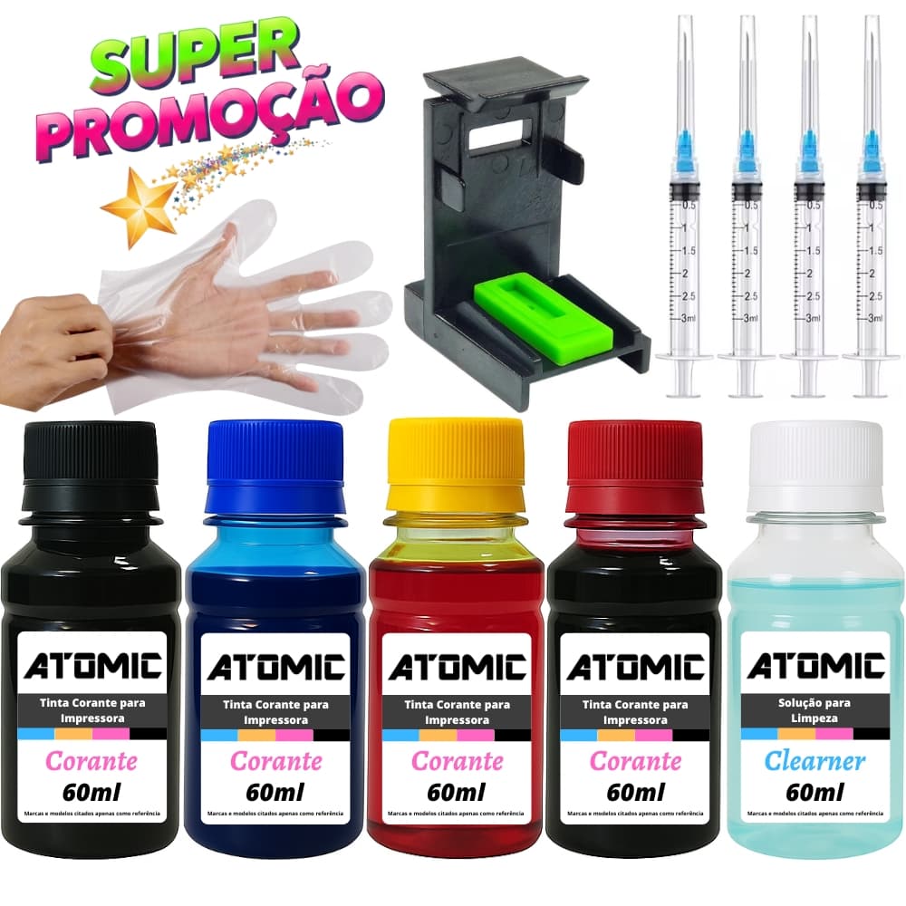 Kit Recarga Cartucho Atomic 667 667xl Compatível com Impressora HP 2776 2376 6476 Tinta 300ml