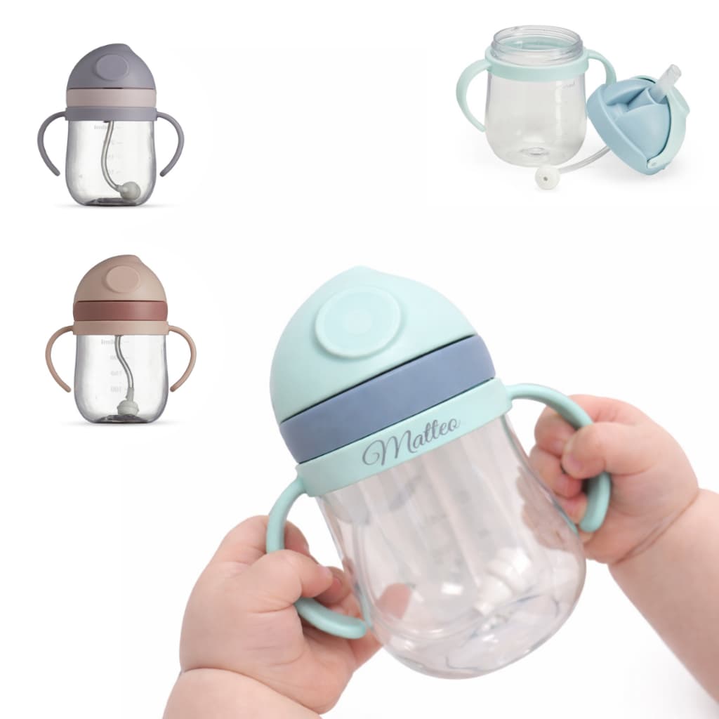 Copo de Transição Infantil personalizado 350 ml pegador duplo tampa de proteção canudo de silicone