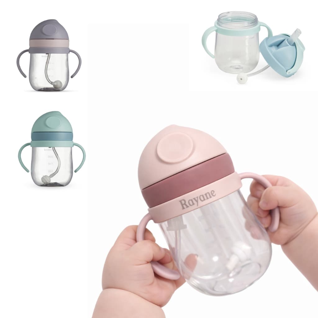 Copo infantil personalizado de 350 ml com alça dupla, tampa protetora e canudo de silicone