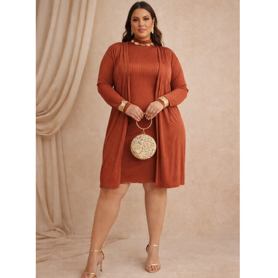 Conjunto Feminino Plus Size Canelado Kimono c/ Vestido Moda Modesta Evangélica Cristã