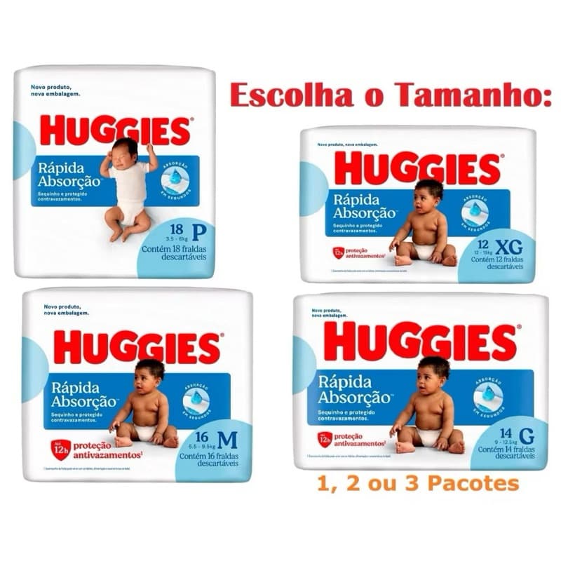 Fralda Descartáveis Huggies Rápida Absorção Tripla Proteção Tamanho P M G XG