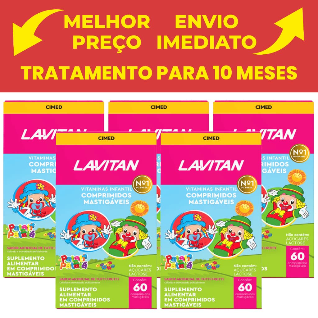 Kit C/5 Lavitan Patati Patata Vitamina Infantil C/60 Comp Original Cimed - Sabor Tutti Frutti