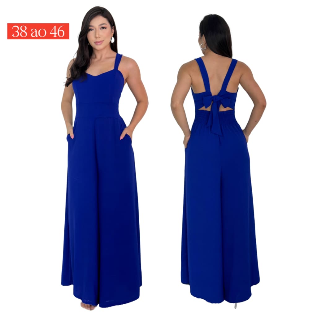 Macacão Pantalona Feminino para Festa Crepe Duna Com Bojo Bolso e Amarração Do 38 ao 46