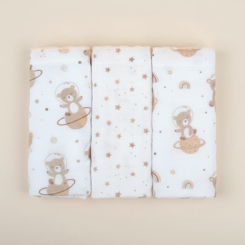 Kit Fralda Bebê com 3 un Estampada  68x70cm  Urso Bege