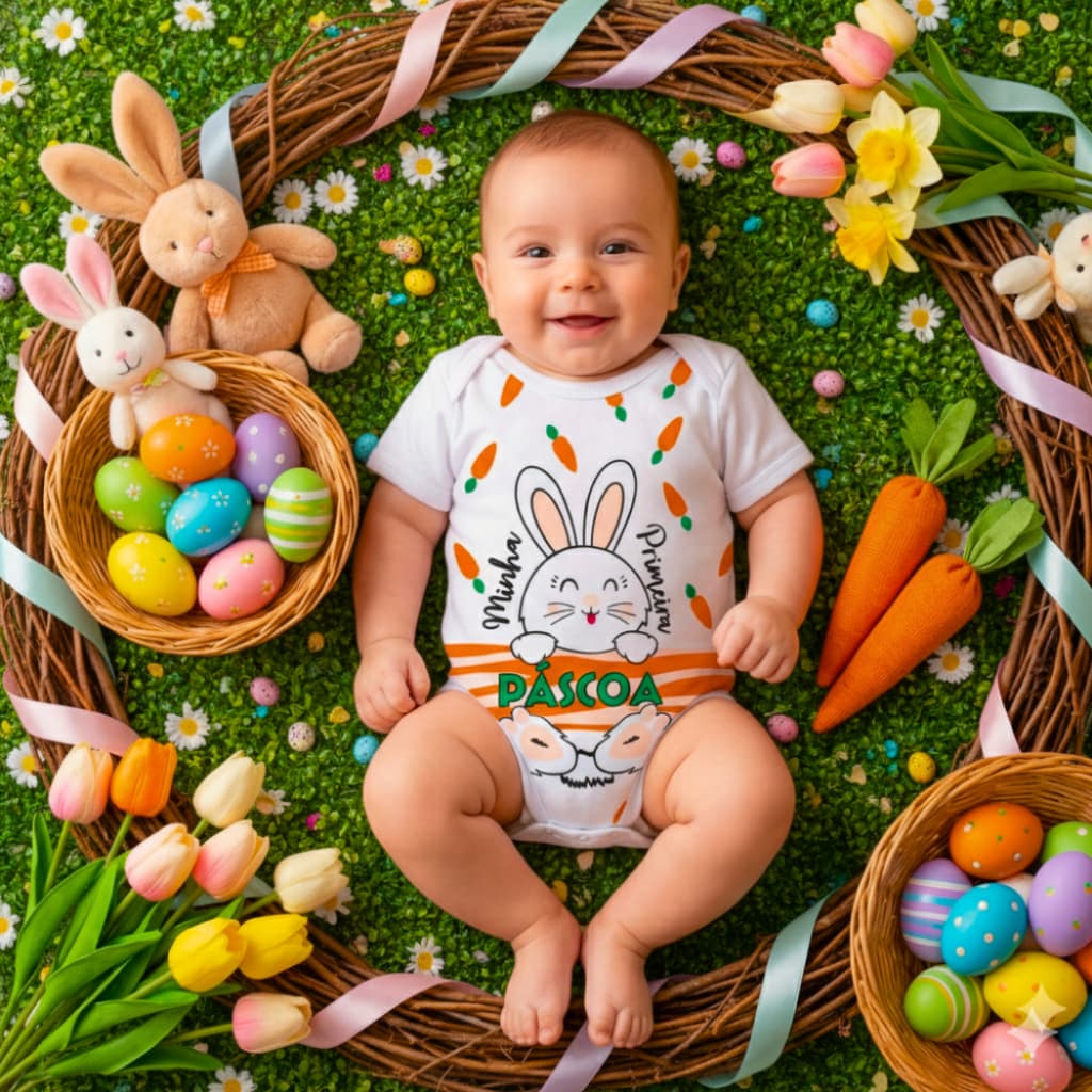 Body Bebê Páscoa - Coelho - Temático Mesversário - 100% Algodão