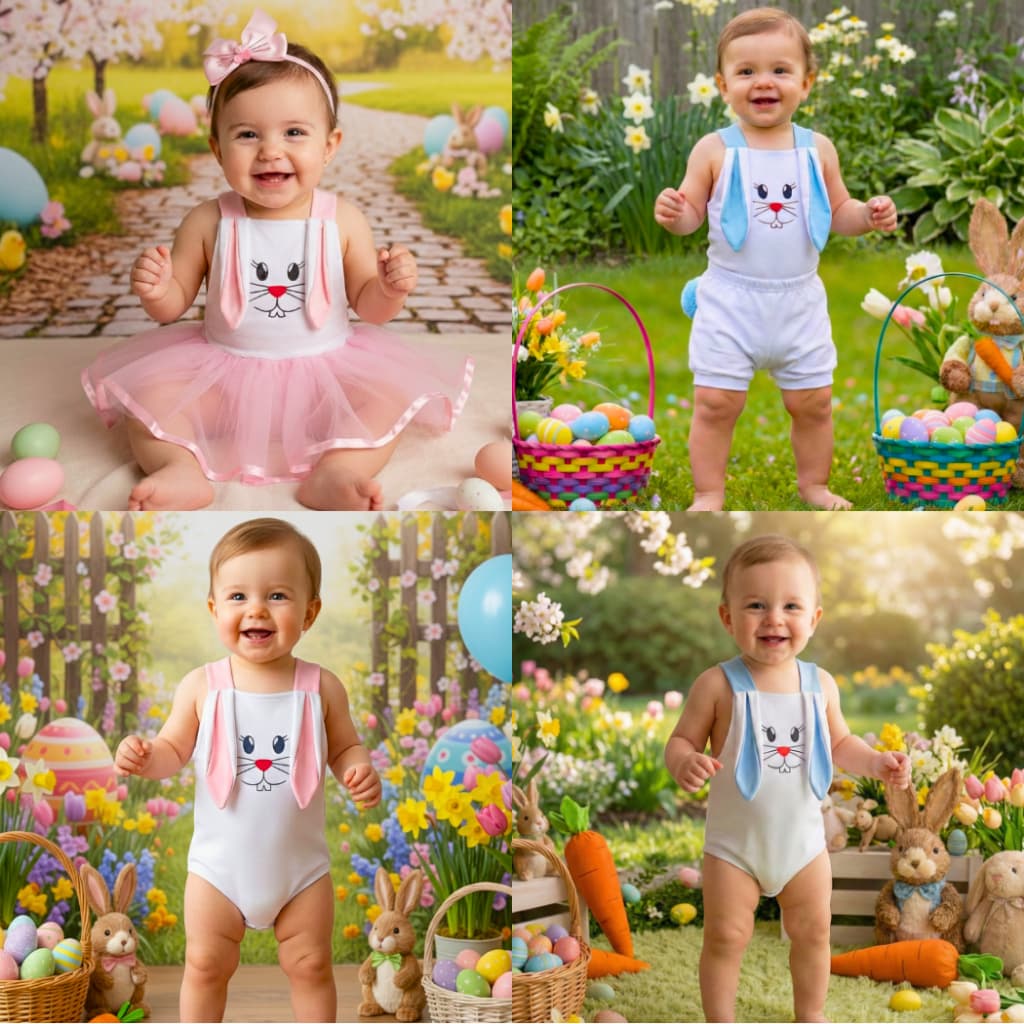 Jardineira Bebê Páscoa/Kit 3 Peças/Kit 2 Peças/Temático - Mesversário