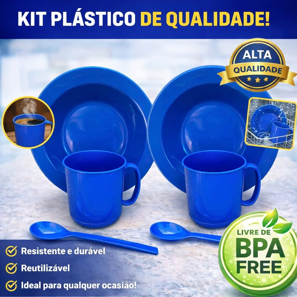 2 kits merenda refeição caneca prato colher plastico azul bic menino resistente microondas livre bpa