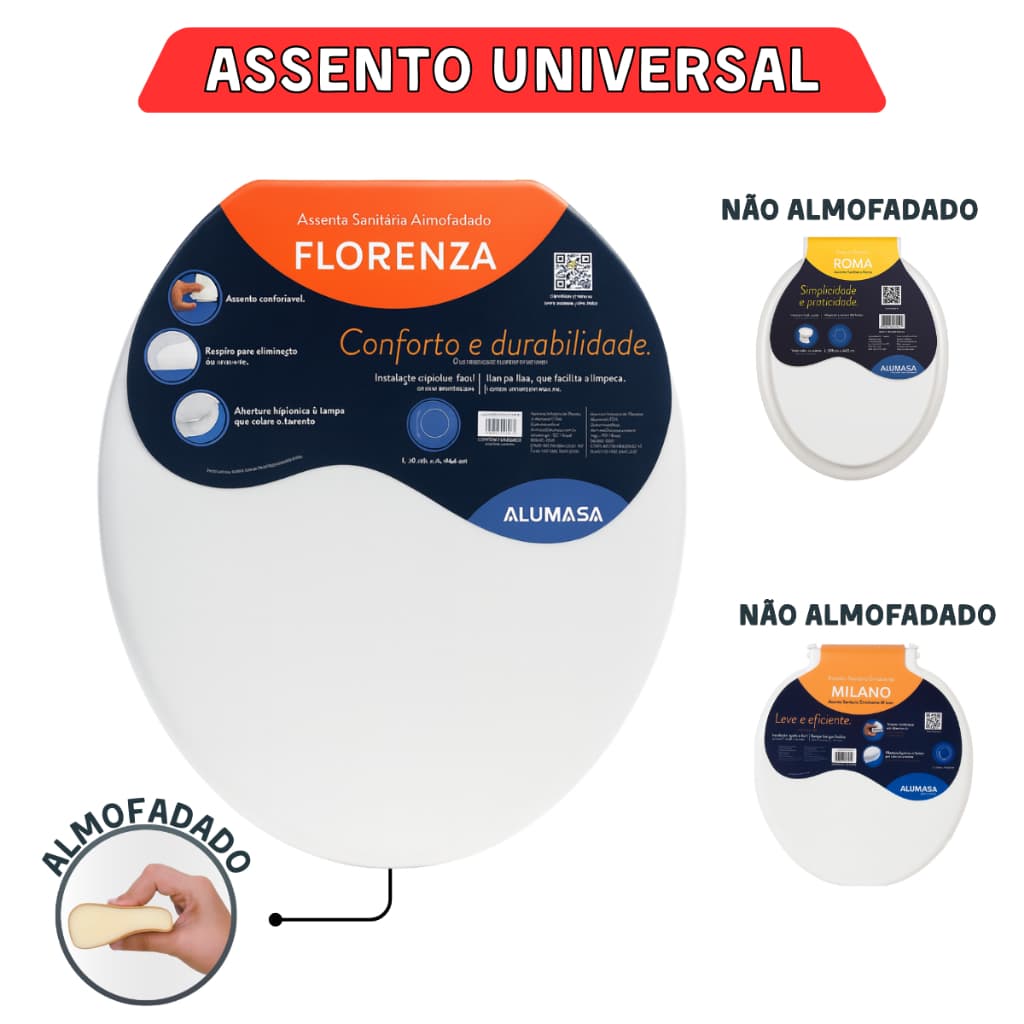 Assento Almofadado ou Simples Universal Tampa Vaso Roma Florenza Soft Oval Celite Tigre Astra Deca Logasa Icasa Incepa