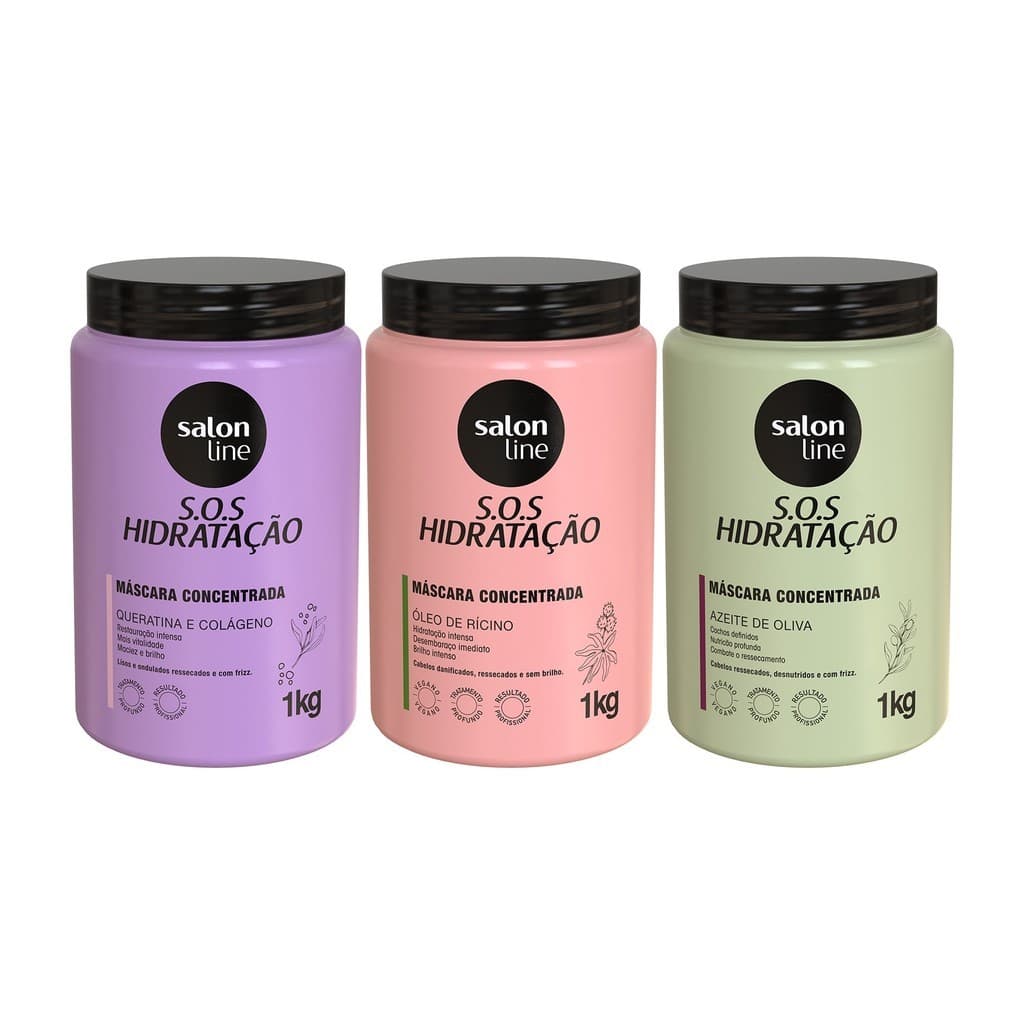 Kit com 3 Máscaras SOS Hidratação: Ultra Cachos + Turbinada + Bio-Reconstrução Salon Line