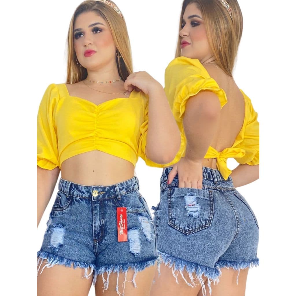Short Jeans Feminino Cintura Alta Bermuda Cós Alto Desfiado