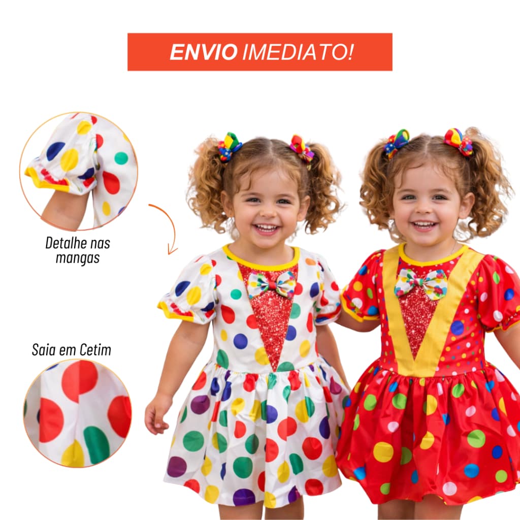 Fantasia Palhacinha Infantil com Saia em Cetim Festa Tema Circo Feminina