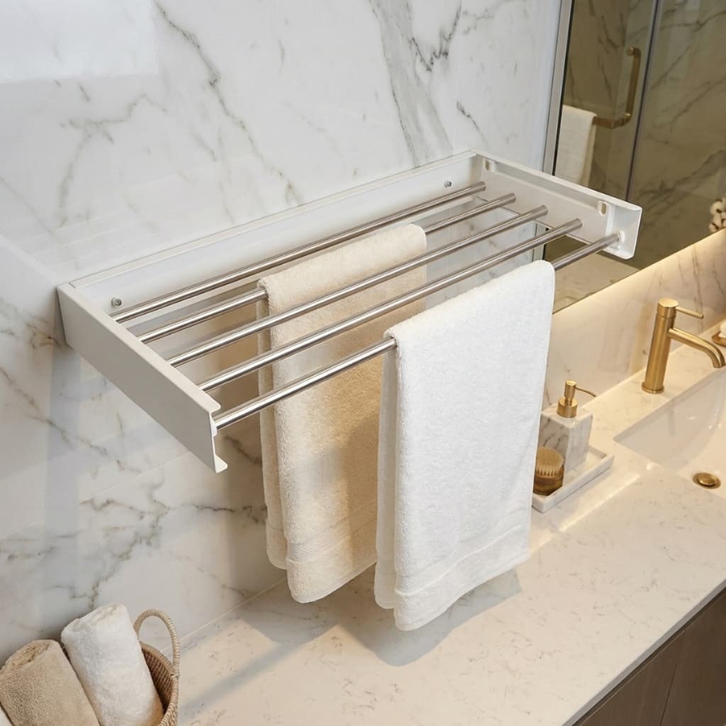 Varal Toalheiro Parede Retrátil Dobrável Adesivo Varetas Aluminio Branco Roupas Toalhas Resistente Apartamento