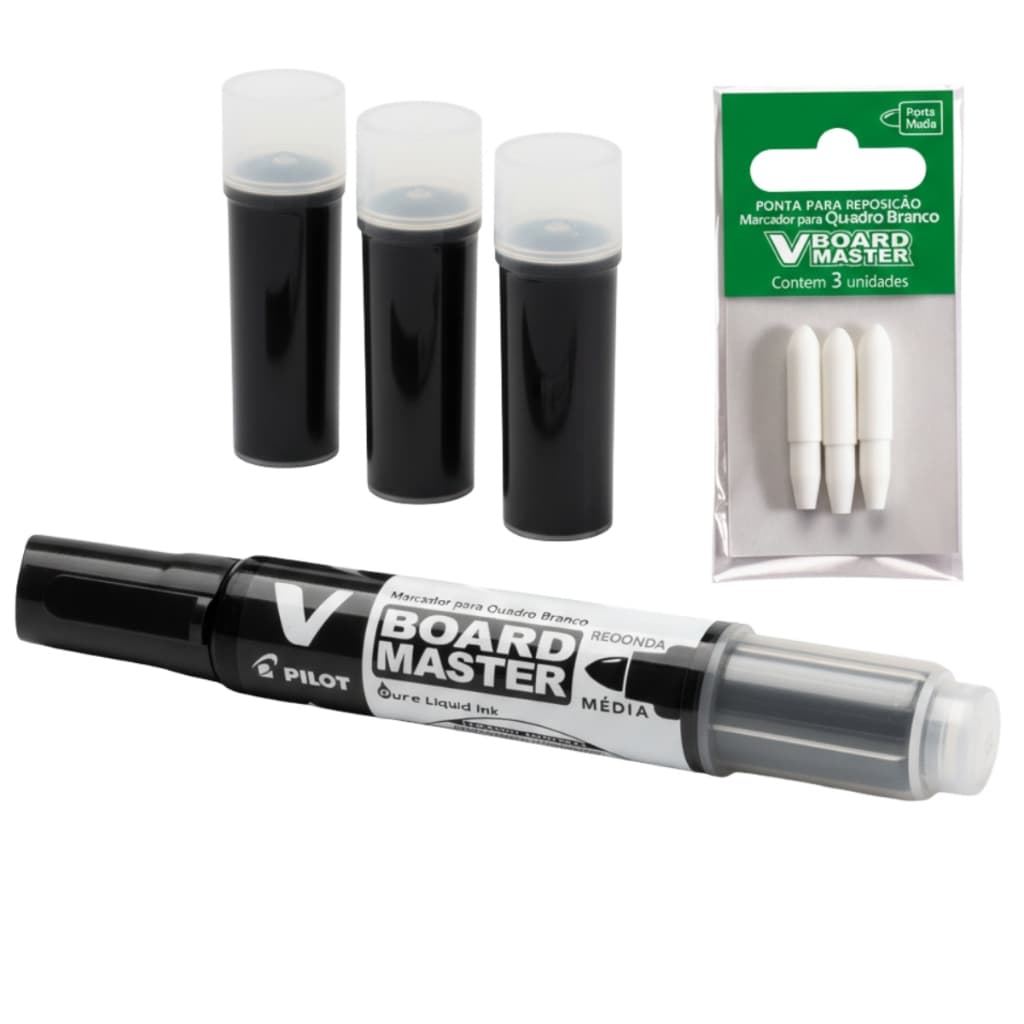 Kit 3 Pontas + Refil Marcador Quadro Branco + Pilot Board Master Preto