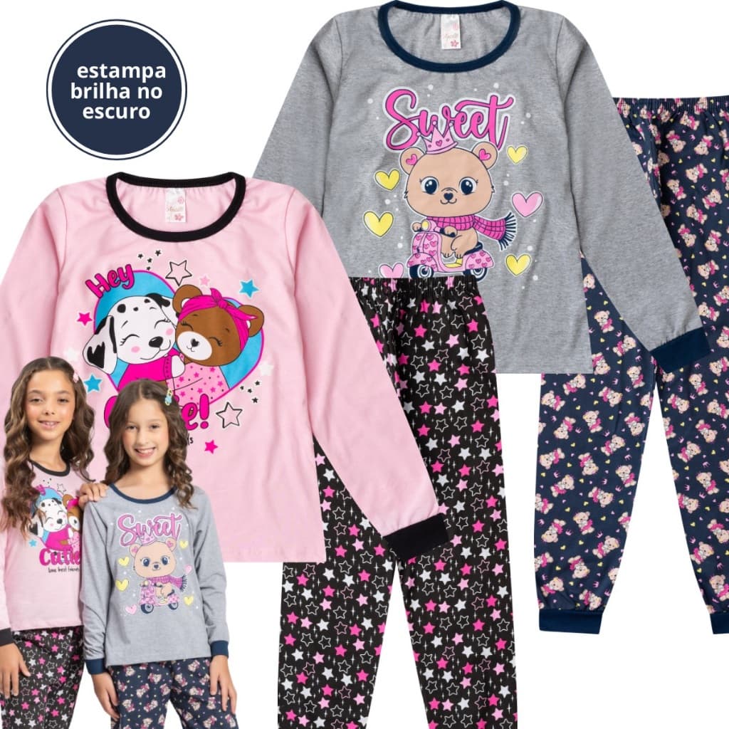 Kit 2 Pijama Juvenil Feminino Manga Longa Estampado e Calça