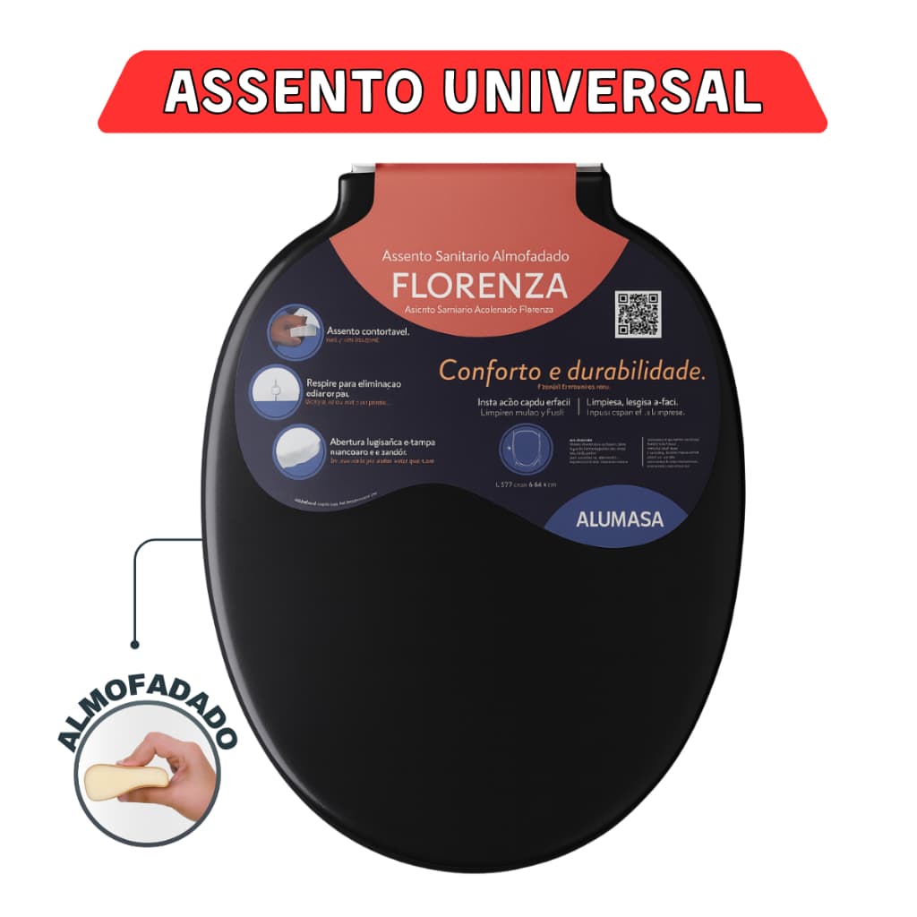 Assento Almofadado Universal Oval Florenza Preto Soft Oval Celite Tigre Astra Deca Logasa  Icasa Incepa  Alumasa