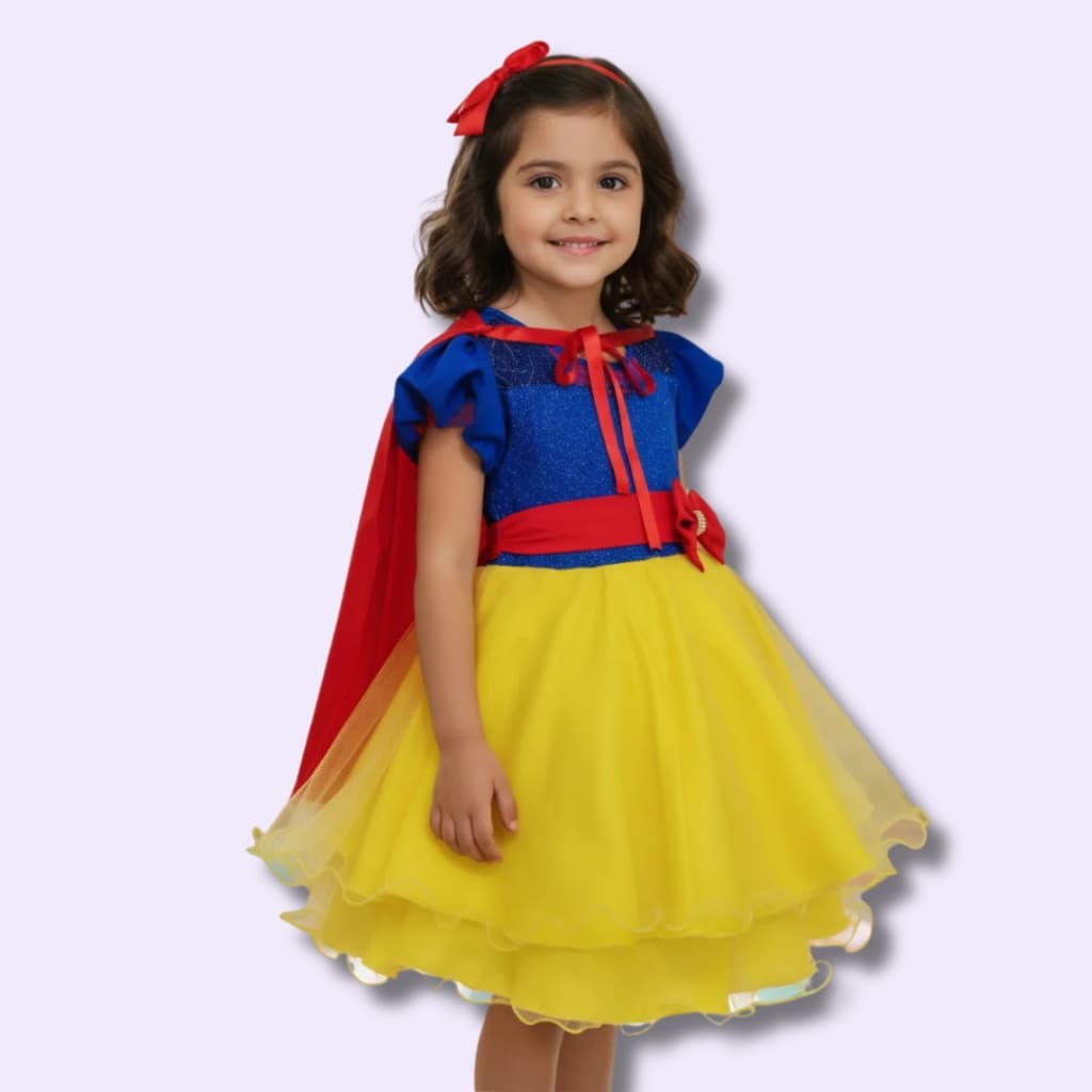 Vestido Infantil Juvenil Curto Festa  Princesa Branca de Neve com Capa
