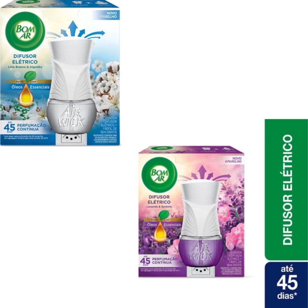 Bom Ar Kit Difusor Elétrico Lavanda e Gerânio  ou Lírio e Algodão16 ml ou Somente Refil